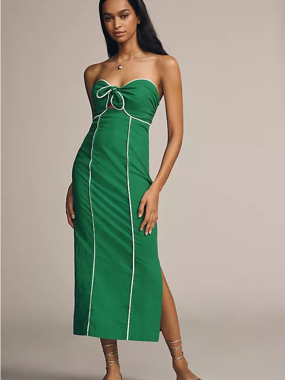 Maeve Green Strapless Midi Dress with White Piping